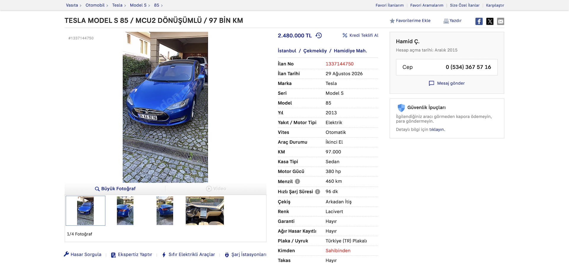 Üyemizden satılık 2013 Tesla Model S 85