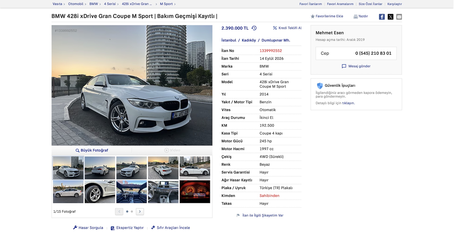 Üyemizden satılık 2014 BMW 428i xDrive Gran Coupe