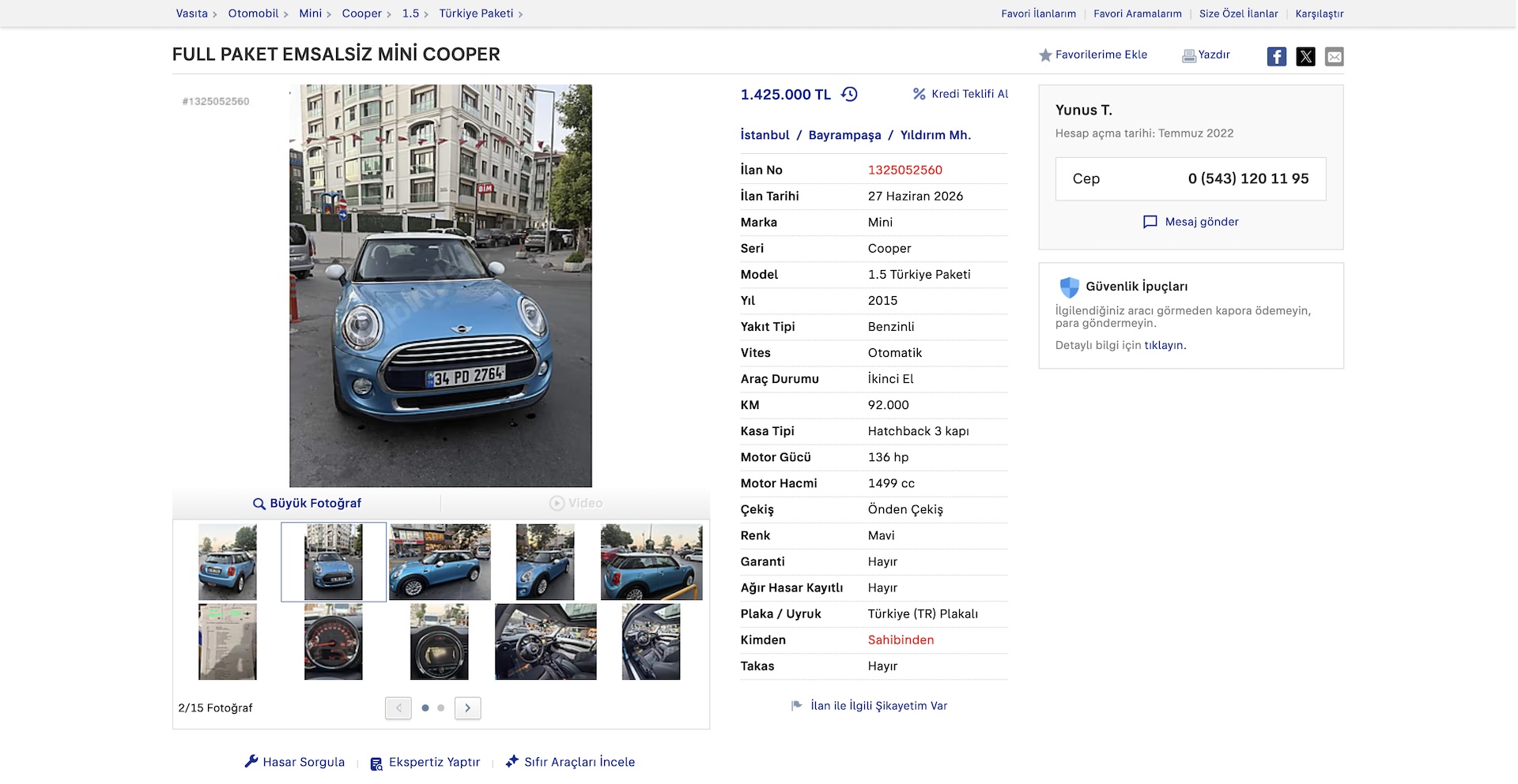 Üyemizden satılık 2015 Mini Cooper 1.5