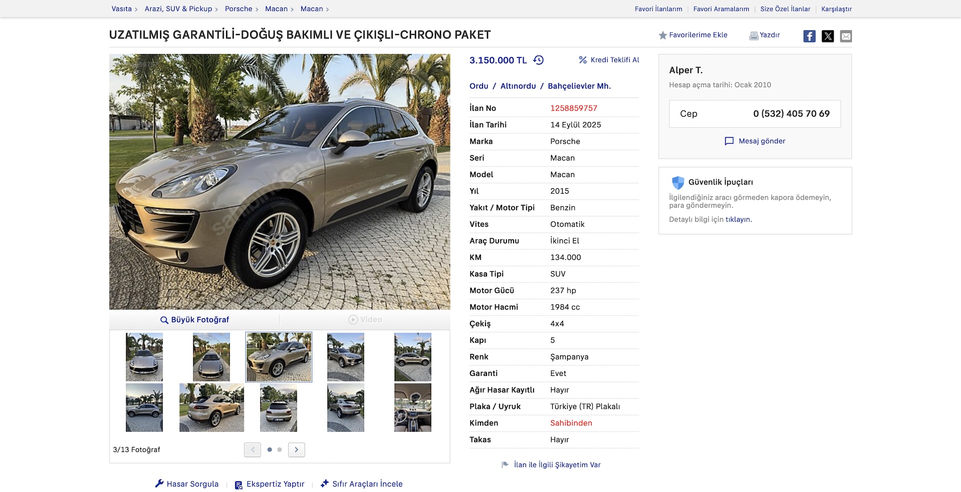 Üyemizden satılık 2015 Porsche Macan
