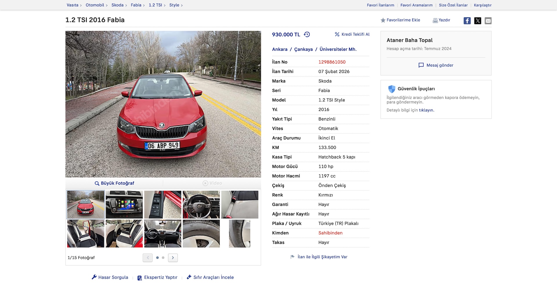 Üyemizden satılık 2016 Skoda Fabia 1.2 TSI