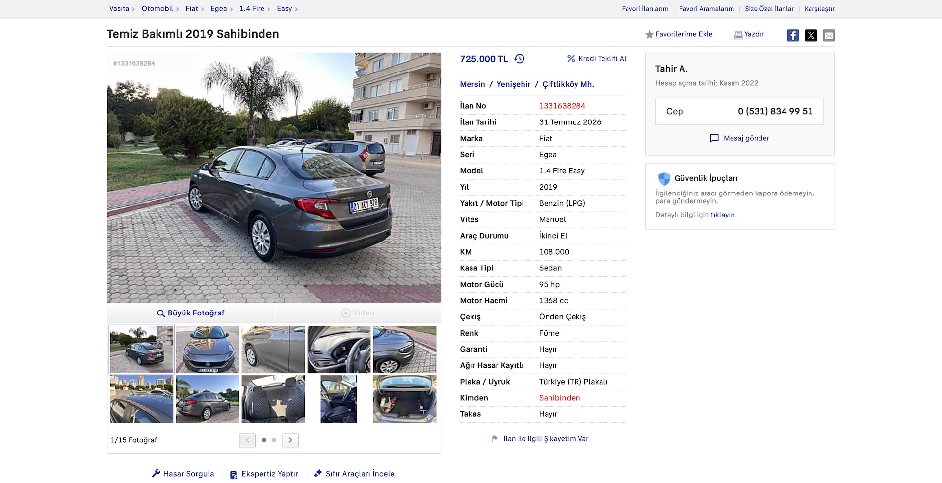 Üyemizden satılık 2019 Fiat Egea 1.4 Fire