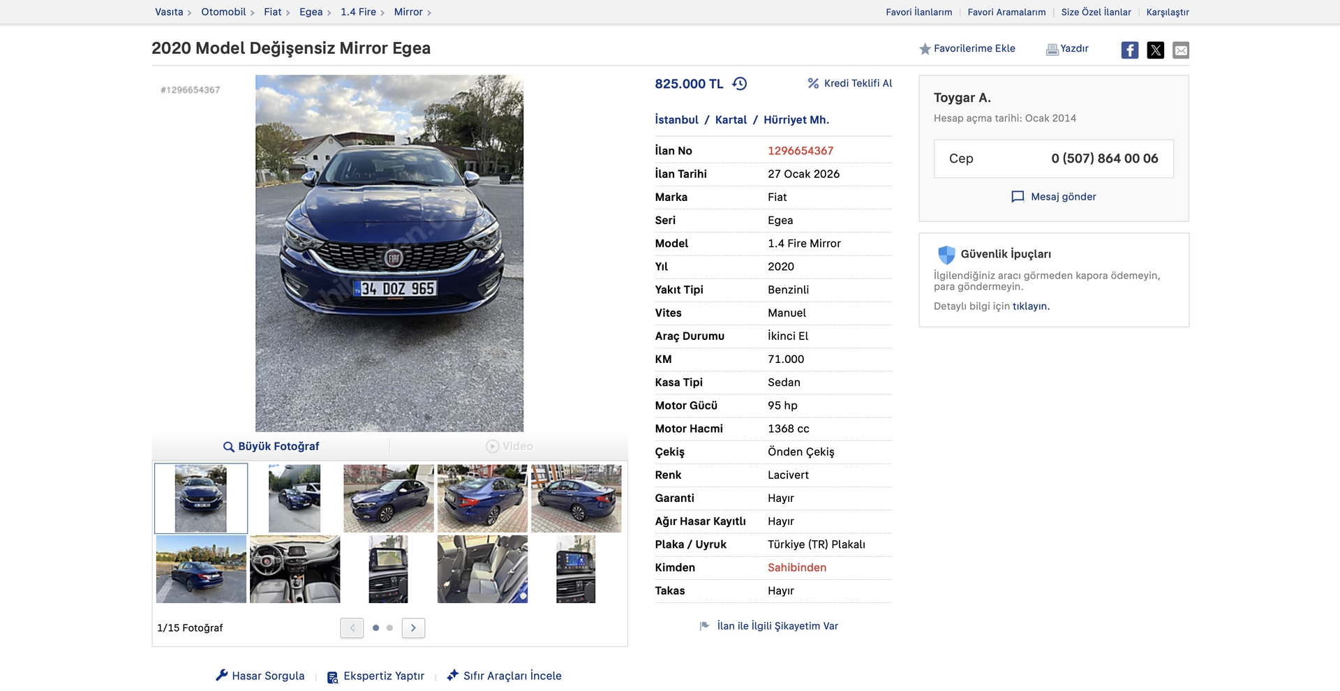 Üyemizden satılık 2020 Fiat Egea 1.4