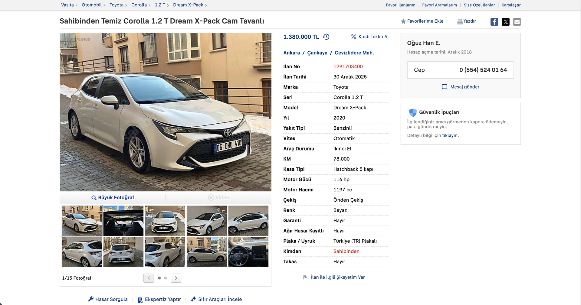 Üyemizden satılık 2020 Toyota Corolla 1.2 T