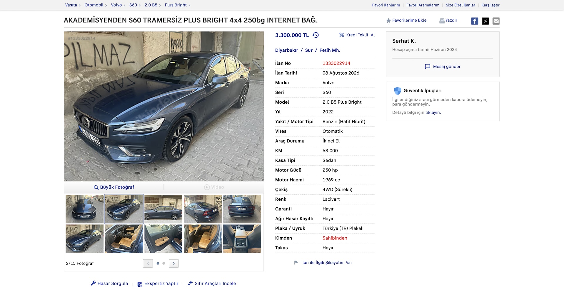 Üyemizden satılık 2022 Volvo S60 2.0 B5