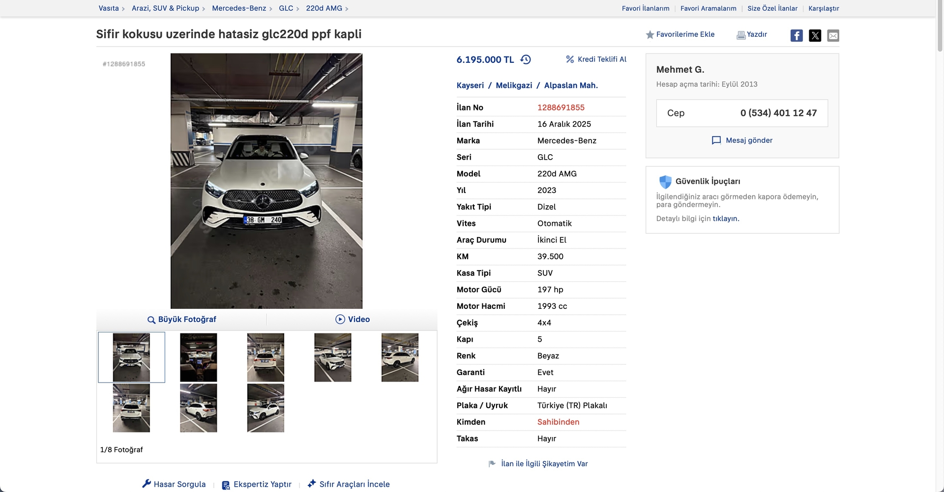 Üyemizden satılık 2023 Mercedes GLC 220d