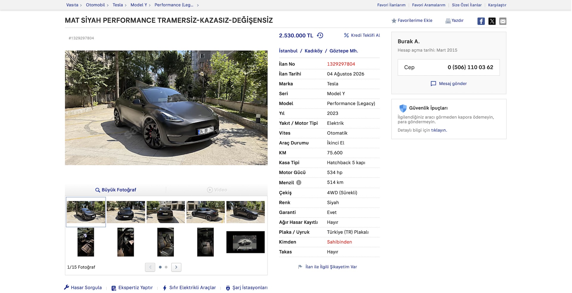 Üyemizden satılık 2023 Tesla Model Y Performance
